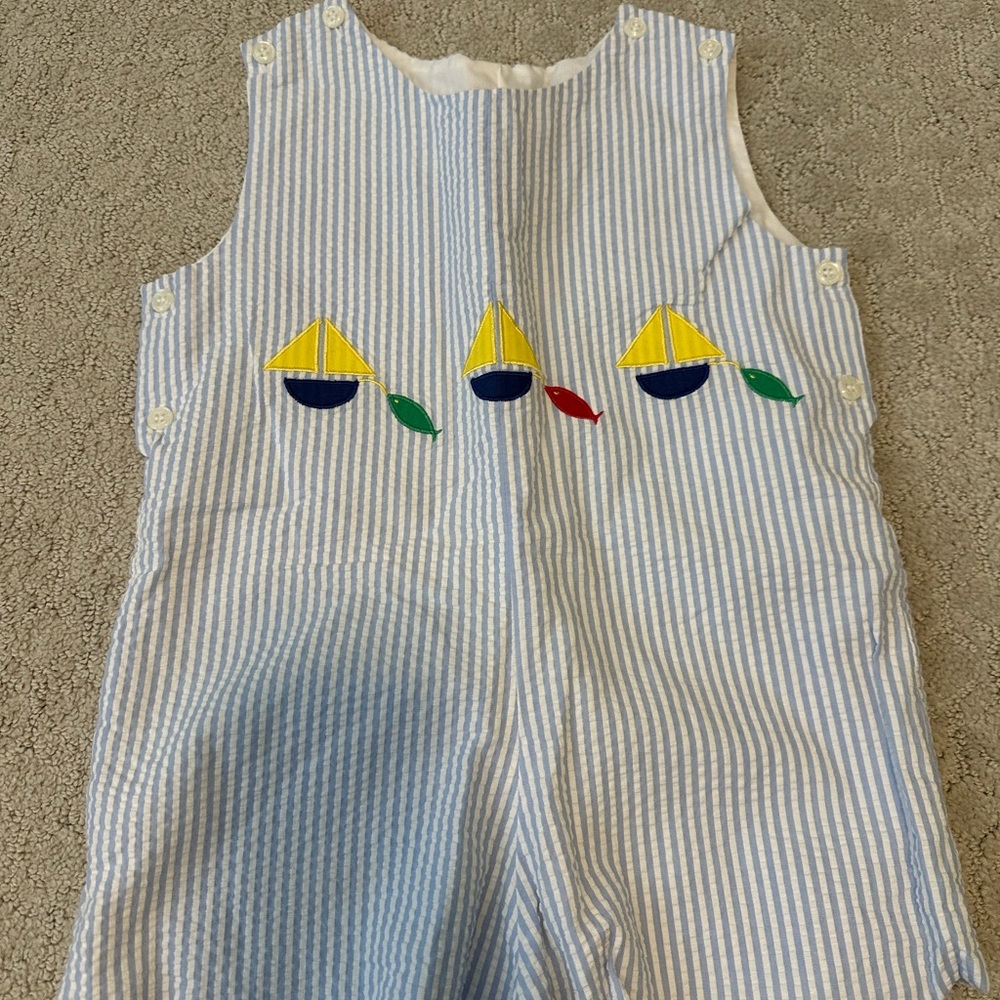 Striped Blue and White Kids One Piece with Sailboat Design